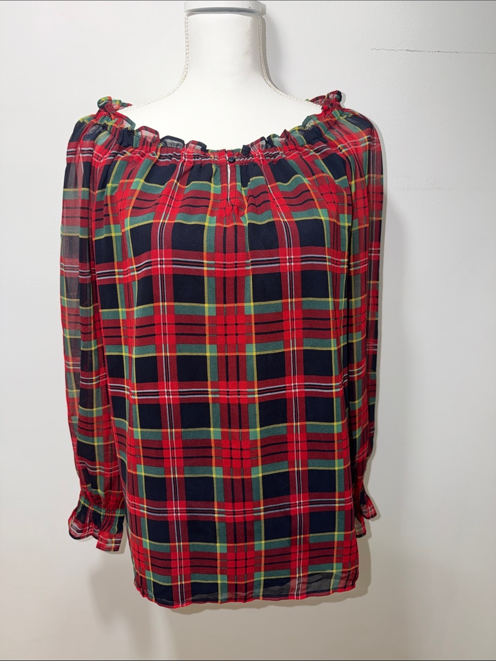Talbots Plaid Off-Shoulder Women Top L Peasant Teacher Holiday Fall Lightweight